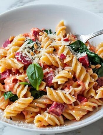 Beetroot Spinach and Goats Cheese Pasta