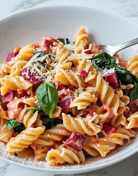 Beetroot Spinach and Goats Cheese Pasta