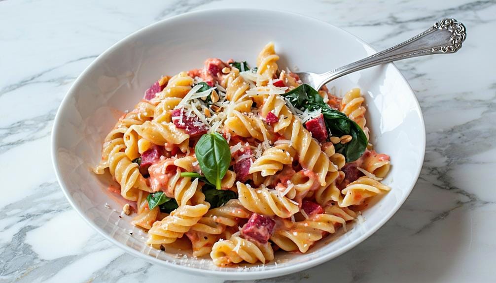 Beetroot Spinach and Goats Cheese Pasta