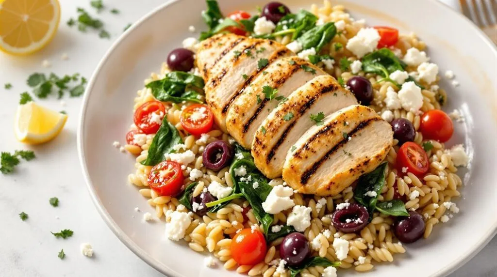 Lemon-Herb Grilled Chicken with Mediterranean Orzo in Ninja Speedi