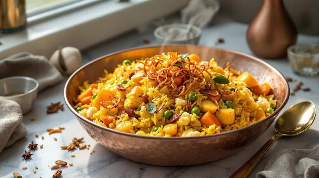 Vegetable Biryani With Crispy Onions in Ninja Speedi