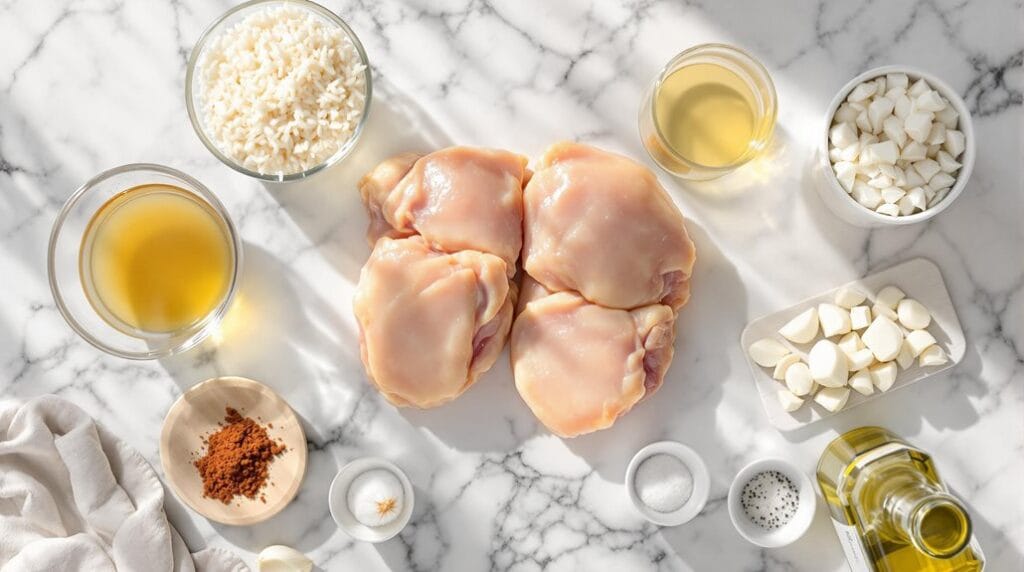 Cajun Spiced Bone-In Chicken Thighs With Dirty Rice - Ingredients laid out ready to cook