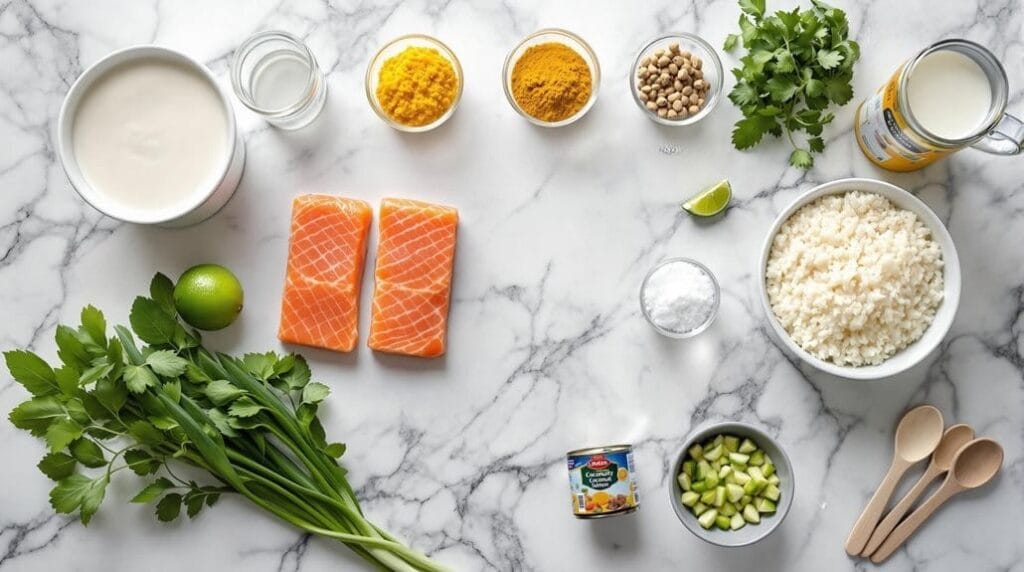 Curry Salmon With Coconut Rice in Ninja Speedi - Ingredients laid out ready for cooking