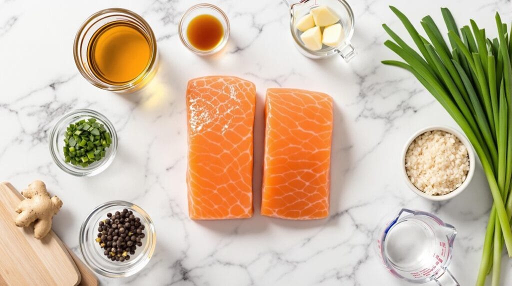 Maple-Glazed Salmon with Jasmine Rice in Ninja Speedi - Ingredients laid out ready for cooking