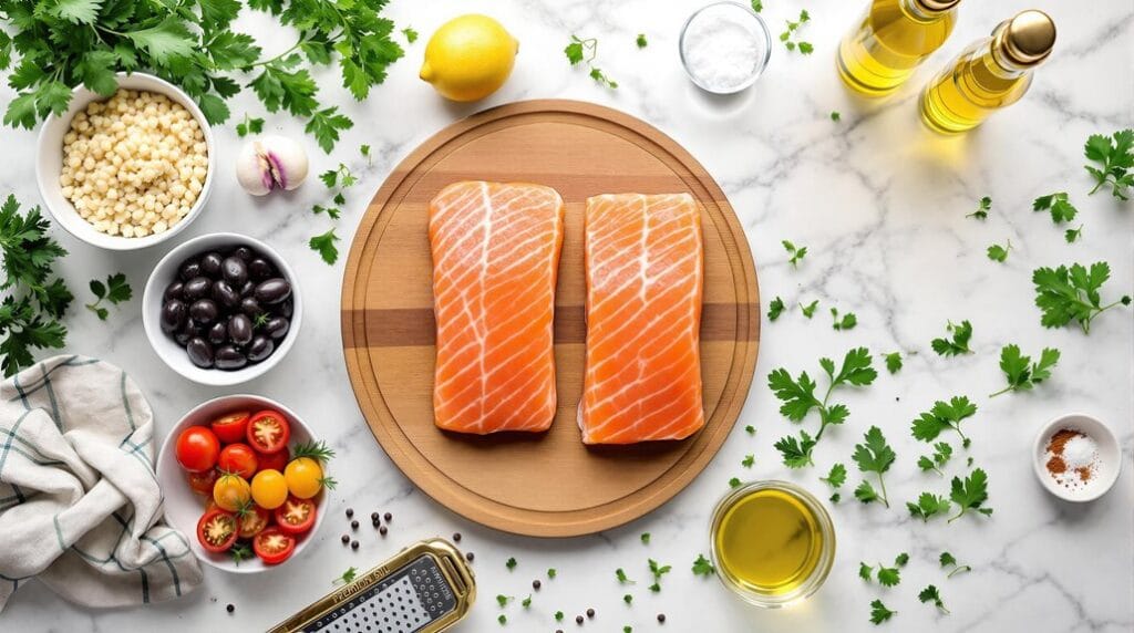 Mediterranean Salmon With Couscous in Ninja Speedi - Ingredient laid out ready for cooking