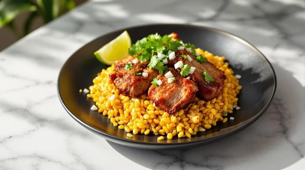 Rapid Pork Carnitas Over Mexican Street Corn Rice