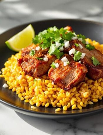 Rapid Pork Carnitas Over Mexican Street Corn Rice