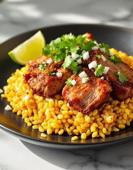 Rapid Pork Carnitas Over Mexican Street Corn Rice