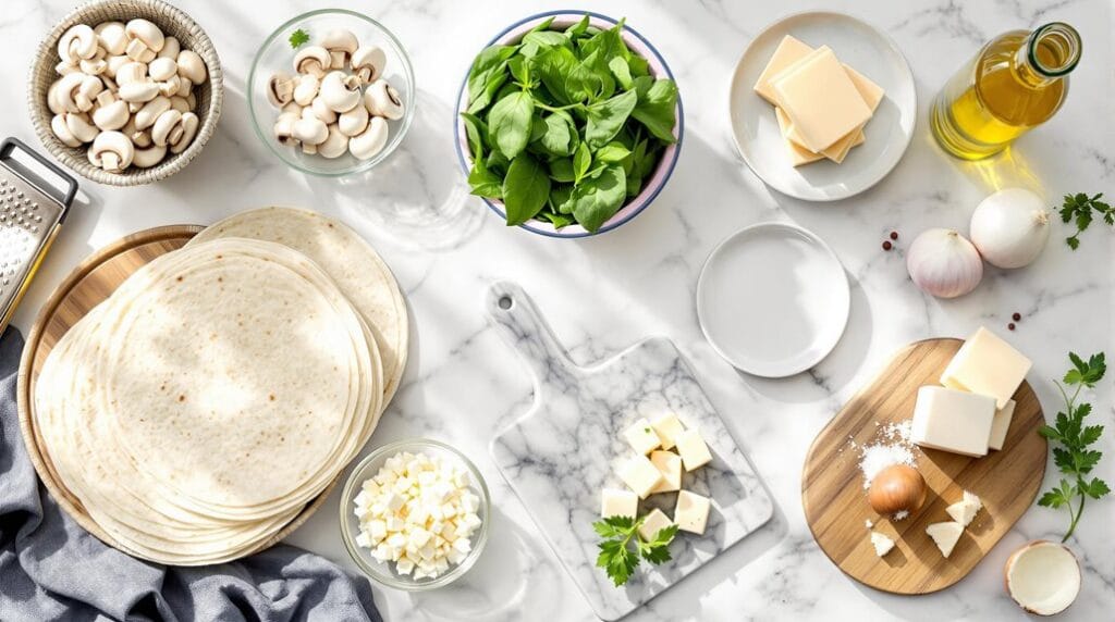 Cheesy Spinach and Mushroom Breakfast Quesadillas - Ingredient laid out ready for cooking