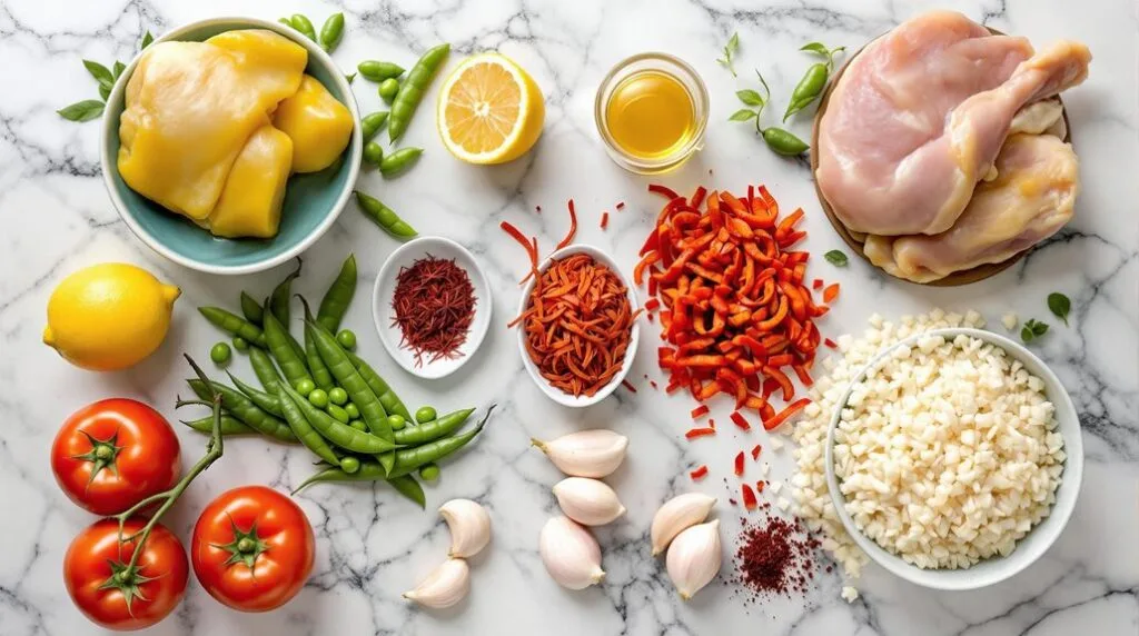 One-Pot Chicken & Chorizo Paella - Ingredients Laid out ready for cooking